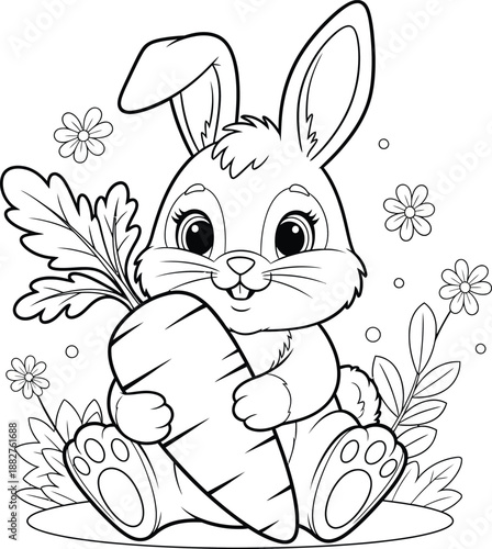 Cute rabbit holding carrot in garden