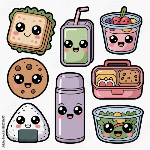 Cute Lunchtime Delights: A collection of charming, cartoon-style illustrations, featuring an array of appetizing lunch items, each radiating warmth and inviting energy.