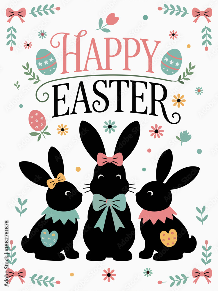 Fototapeta premium Happy Easter Illustration: Festive and colorful illustration, with bunnies celebrating Easter. It is perfect for Easter-themed design projects, adding a touch of joy and festivity.