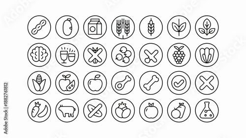 Symbols of Dietary Inclusion and Exclusion: A comprehensive collection of symbols denoting various foods and ingredients, emphasizing a range of dietary choices.
