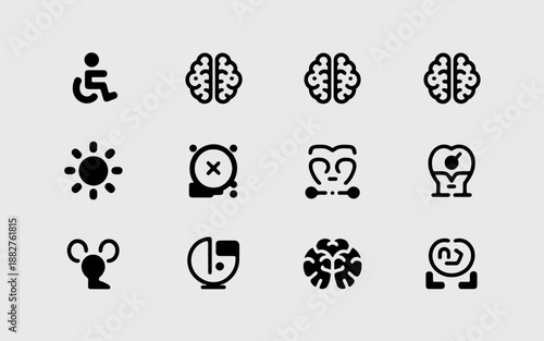 Conceptual Icons Array: A collection of concise, monochromatic icons representing concepts related to the human mind, accessibility, and technology.