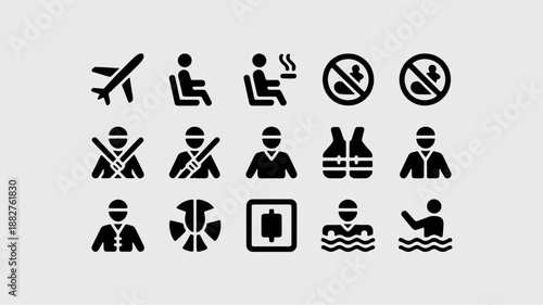 Essential Aircraft Regulations: A collection of meticulously crafted, starkly simple, and universal icons guiding passengers on safe air travel.