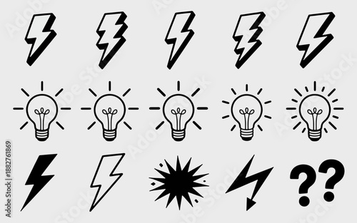 Innovative Energy Symbols: A collection of various energy-related symbols, including lightning bolts, and light bulbs, representing electricity, ideas, and innovation.