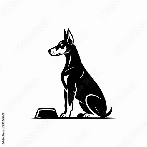 Dog's Companion: A minimalist silhouette of a sleek dog with a food bowl, exuding an air of companionship and quiet anticipation.
