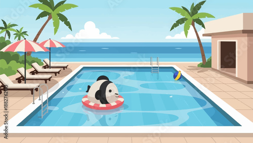 Cartoon fish floats in a swimming pool with beach chairs, umbrellas, and palm trees