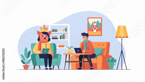 Cartoon fox in crown uses tablet while man works on laptop nearby