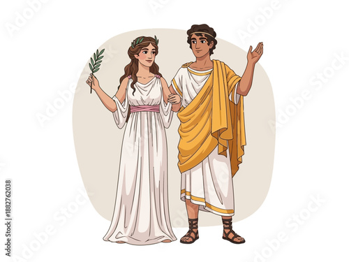 A cartoon illustration of a man and woman dressed in ancient greek clothing standing together in a neutral colored background