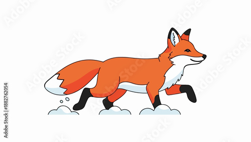 Cartoon fox trotting through snow with white puffy clouds