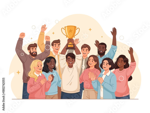 A diverse group of people celebrating with a trophy