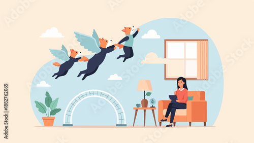 Cartoon foxes with wings fly upwards past a woman on a couch