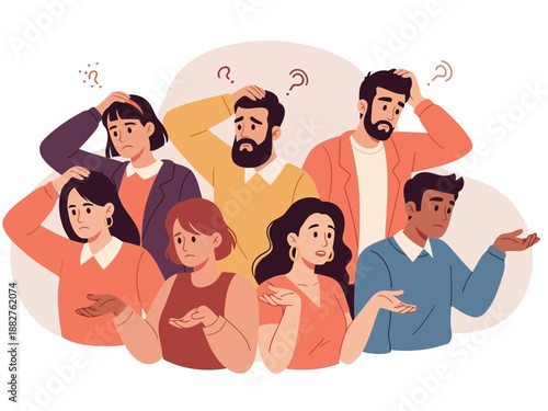 A group of people with confused expressions on their faces and hands on their heads