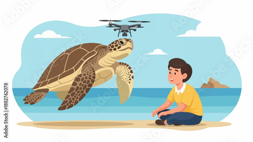 Boy watches drone hover over a large sea turtle on the beach