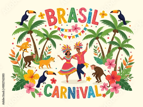 Brasil carnival illustration with dancers, animals, and tropical plants
