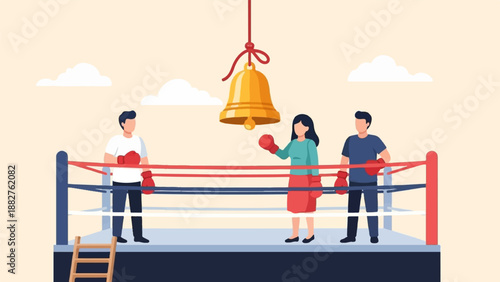 Boxing match with three contestants and a bell over the ring