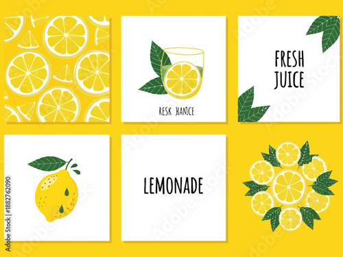 Collection of lemon slices and lemonade illustrations on yellow background