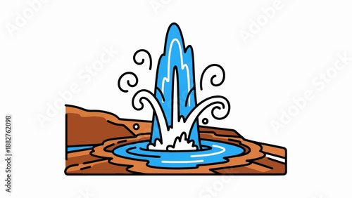Cartoon geyser erupting water with steam and rocks in landscape