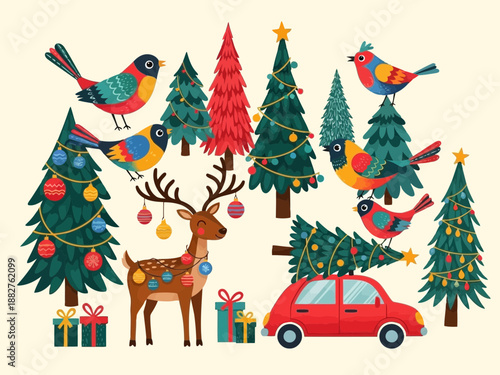 Christmas trees and birds with a red car and reindeer on beige background