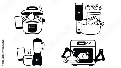 A collection of kitchen appliances with robotic arms and smartphones for smart cooking