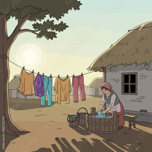 Woman washing clothes by hand near rural house and drying laundry