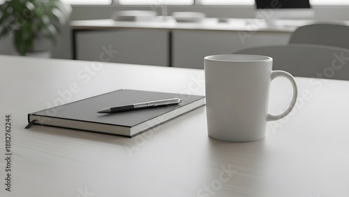Mockup of a modern office desk with notebook and mug