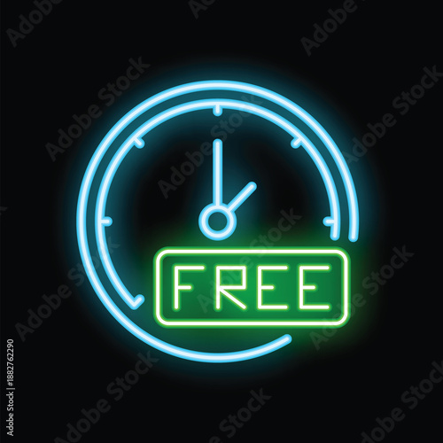Neon sign illuminating the concept of free time with a clock face and the word free