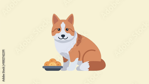 Adorable cartoon corgi dog sitting by a bowl of food, plain background