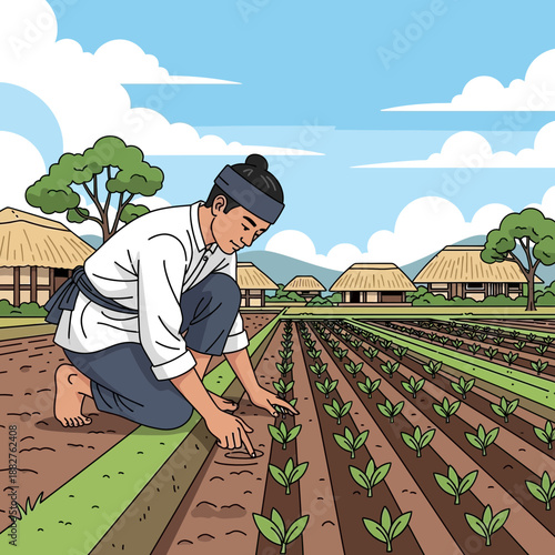 Farmer planting seedlings in a rural village landscape, illustration