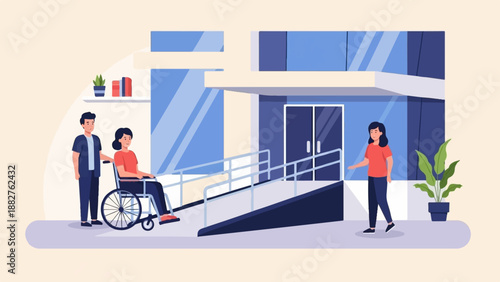 Accessible building entrance with a ramp, people interacting