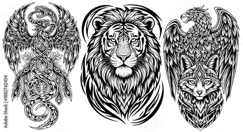 Detailed black and white illustration of a lion's head flanked by winged creatures, showcasing intricate designs and textures in a graphic art style.