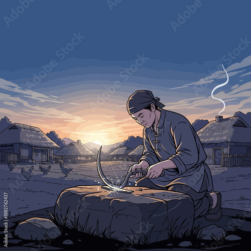 Farmer sharpening sickle at sunrise in rural village