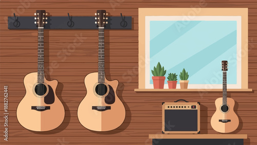 Acoustic guitars on wooden wall with amp, window, plants
