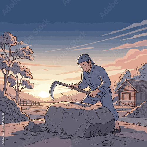 Farmer sharpening sickle near stone at sunrise, rural scene
