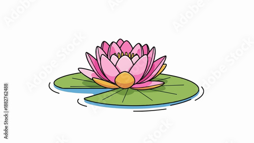A vibrant pink lotus flower blooms on a lily pad in calm blue water