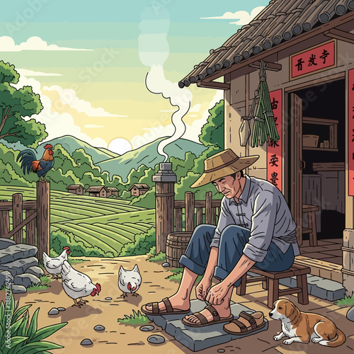 Farmer tying sandals at rural home with chickens and dog, sunrise over green hills