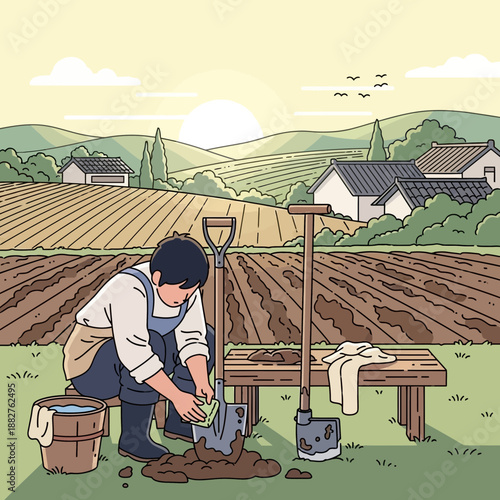 Farmer tending soil in rural landscape at sunrise, gardening tools nearby.