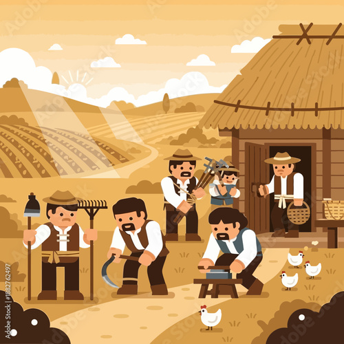 Farmers working on a sunny day at a rustic farm with chickens and a thatched roof house.