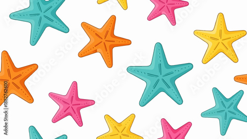 A vibrant seamless pattern featuring colorful starfish on a white background