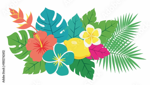 A vibrant tropical arrangement with diverse floral and leafy elements