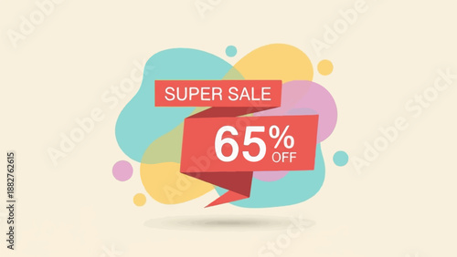 Bright red banner announces "Super Sale 65% Off" against soft, pastel background shapes