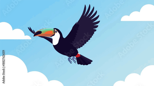 A vibrant toucan with a large, colorful beak flies through a bright blue sky
