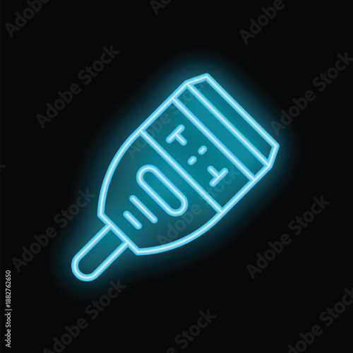 Glowing blue neon icon of an electronic thermometer displaying a high temperature reading, set against a dark background