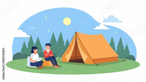 Couple camping under the moonlit sky with a tent and trees