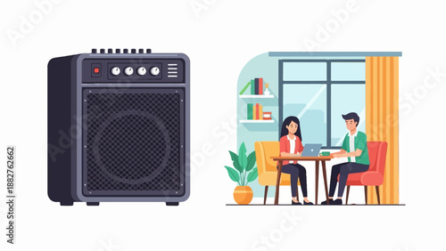 A vintage amplifier sits beside a man and woman working at a desk