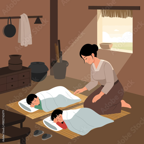 Mother tucks in sleeping children in traditional room at sunset