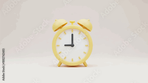 A vintage-style yellow alarm clock with two bells and a white face sits centrally