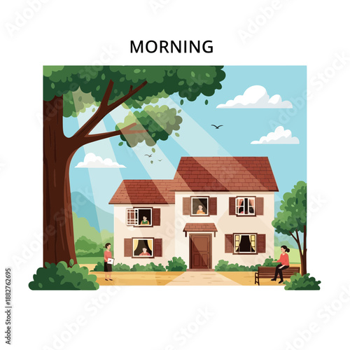 Morning sun shines on suburban house with people waking up.