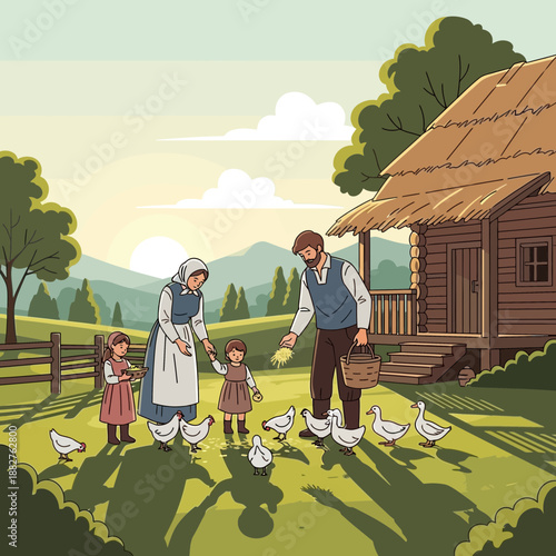 Rural family feeding geese by log cabin at sunrise, countryside scene