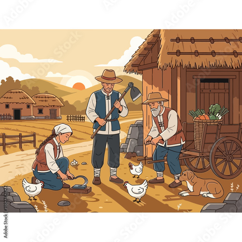 Rural farm scene with people working and animals