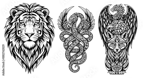 Illustration of a lion, snake, and wolf in a detailed black and white design