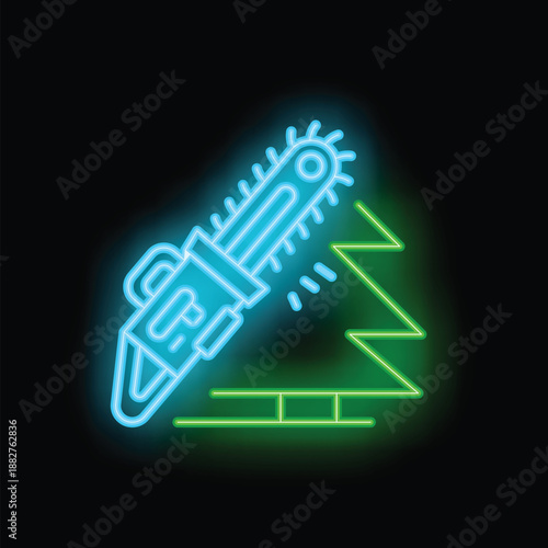 Bright blue and green neon chainsaw cutting tree on black background, great for forestry or lumberjack imagery